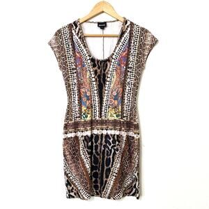 Just Cavalli Multi Color Deep V-Neck Mixed Print Sheath Dress Size Medium